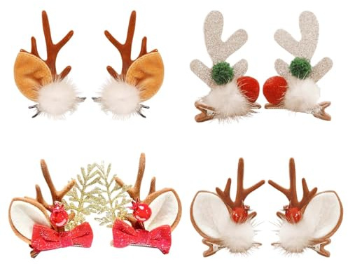 YTAXYZWR Pinces à Cheveux Femme Noël Lot de 4 Barrettes Rennes décoratives Accessoires Cheveux fête, déguisement, Rouge doré Vert, Style Festif élégant pour Adulte Enfant soirée Noël