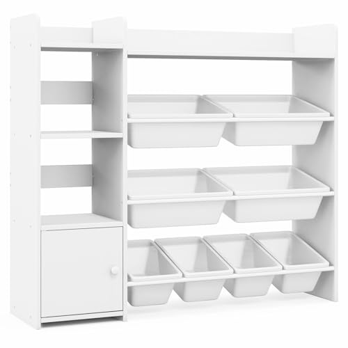 Maxmass Toy Storage Organizer, Children Bookshelf Storage Unit with Removable Bins, Open Shelves, Enclosed Cabinets, Toddler Bookcase Rack for Kids Room Playroom Nursery (Pure White, 112x30x100cm)