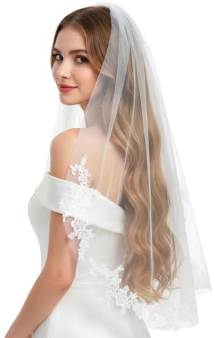 Josojoou Schleier Braut 85 Cm Weißer Tüll Brautschleier Mit Kamm Und Floralem Rand Spitze Schleier Ribbon Edge Für Jga Junggesellinnenabschied Hochzeit Brautparty Blumenmädchen