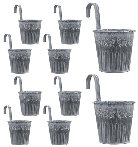 NAMYEUT Juego de 10 Macetas Colgantes de Hierro Vintage Plateadas con Gancho - 18 cm - para Balcón, Jardín, Valla y Decoración de Pared