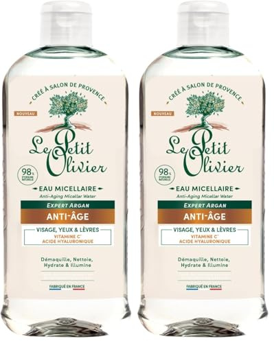 LE PETIT OLIVIER - Eau Micellaire Anti-âge - Vitamine C & Acide Hyaluronique - Démaquille, Nettoie, Hydrate & Illumine - Tous Types de Peaux - 98% D'Origine Naturelle - Fabriqué en France - 400ml