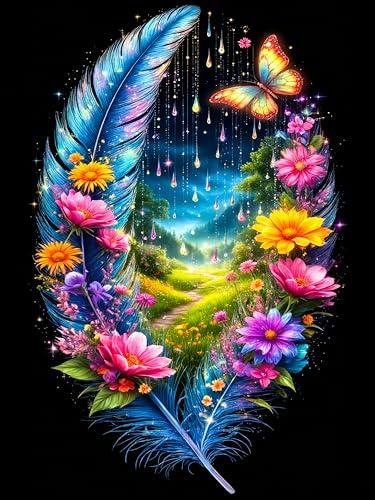 OkarinaArt Diamond Painting Erwachsene – Feder & Blume, 30 x 40 cm | DIY 5D Diamant Painting für Anfänger, Diamant Malerei Set, Runde Diamanten, Wanddekoration, Geschenkidee