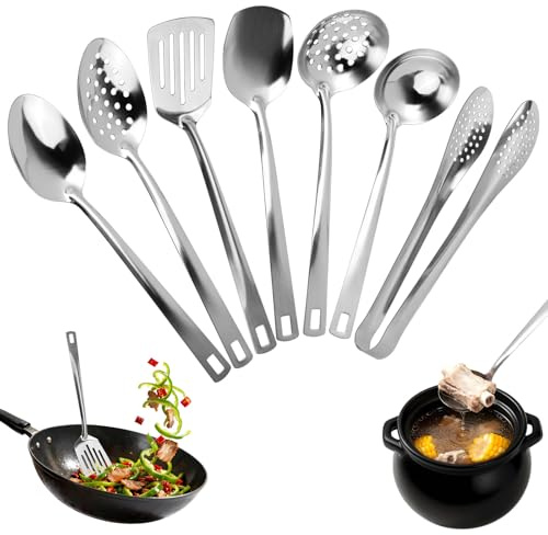 7 Pcs Kitchen Utensils Set Cooking Utensils Set Stainless Steel | Rust-Resistant with Suspendable Handle Dishwasher Safe – Everyday Cooking & Serving（Silver）