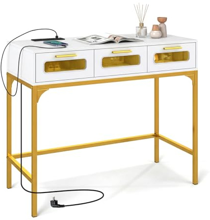 COSTWAY Console Meuble Éclairage LED, Console Entree avec Prise, 3 Tiroirs Transparentes, Cadre en métal, Design Moderne, pour Salon, Couloir (Blanc doré)