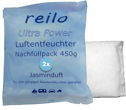 reilo 2x 450g Jasminduft Luftentfeuchter Granulat, Raumluftentfeuchter im Vliesbeutel, Nachfüllpacks für gängige Entfeuchterboxen, Lufttrockner für Wohnraum, Schlafzimmer, Keller