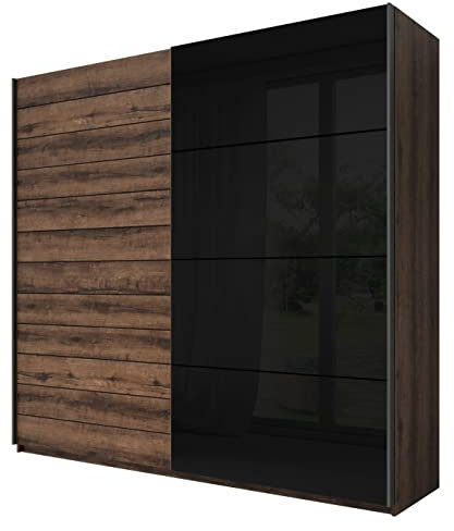 Furniture24 Schwebetürenschrank Galaxy Kleiderschrank Schiebetürenschrank Schlafzimmer Kleidestange Einelgeboden Schiebetür (200 cm breit, Monastery Eiche/Schwarz Glas)