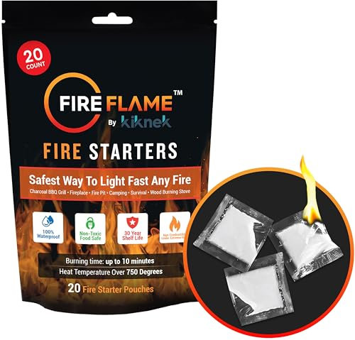 FireFlame Allume-feu instantané 100% imperméable à l'eau et à l'extérieur, pour démarreur à charbon, feu de camp, foyer, foyer, fumeur - Sans odeur et non toxique - 20 pochettes dans un sac