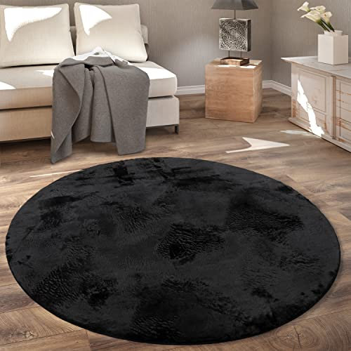 Paco Home Hochflor Teppich Rund Wohnzimmer Kinderzimmer Flauschig Fellteppich Kunstfell Fellimitat Plüsch Bettvorleger Einfarbig, Grösse:Ø 80 cm Rund, Farbe:Schwarz