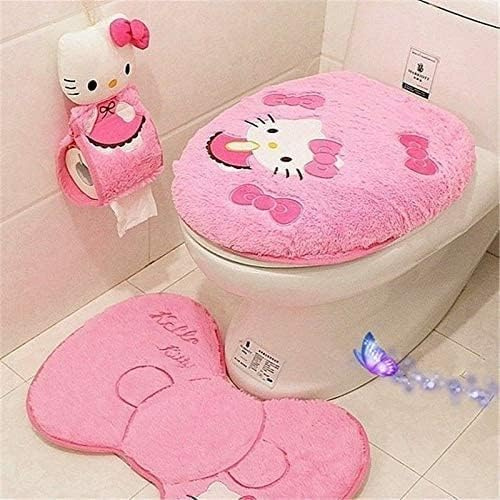 Cute Cartoon Pink 4 PCS Bathroom Set Toilet Cover WC Non Slip Bath Mat - Toilet Contour Rug Closestool Lid Cover, Seat Cushion,Tissue Box Set (Pink)