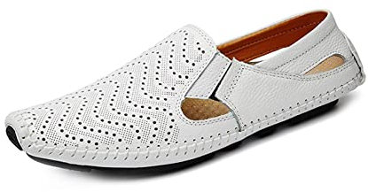 Mocasín Conducción de Cuero sin Cordones Perforado para Hombre Zapatos Barco Caminar Cómodos y Transpirables Zapatillas Planas al Aire Libre(Blanco,38/39 EU,39 Tallas de la Marca