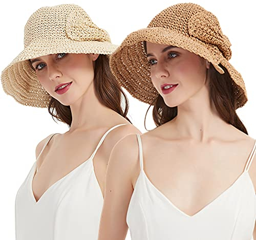 Sombrero de playa flexible para mujer, sombrero de paja plegable de ala ancha, sombrero de playa Fedora, Conjunto de sombrero de paja con lazo, Talla única