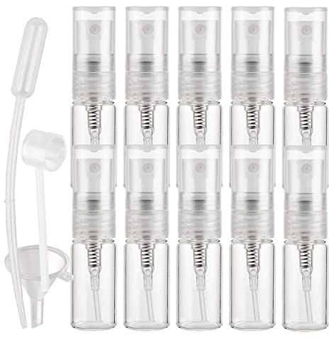 10 Piezas 3ml Botella de Cristal Transparente con Pulverizador, Vidrio Frasco con Bomba en Spray, Mini Spray de Bolsillo, Envase Cosmético Perfumes Viajes, Recargable y Embudo