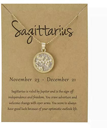 Gold Star Sign Coin Constellation Pendant Chain Necklace – Day – Sagittarius (23rd November - 21st December) - Zodiac Horoscope Celestial Astrology Jewellery - Women Men Gift