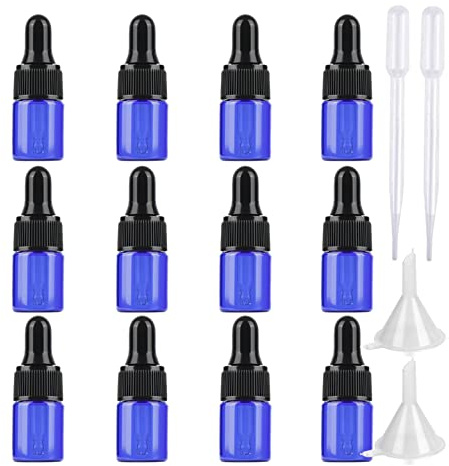 ZEOABSY 12 Stück Mini Leere 2 ml Leere Blau Glasflasche mit Pipette Tropfflasche Pipettenflaschen Tropfpipetten Glaspipette für Essenzen Parfüm Aromatherapie ätherische Öle