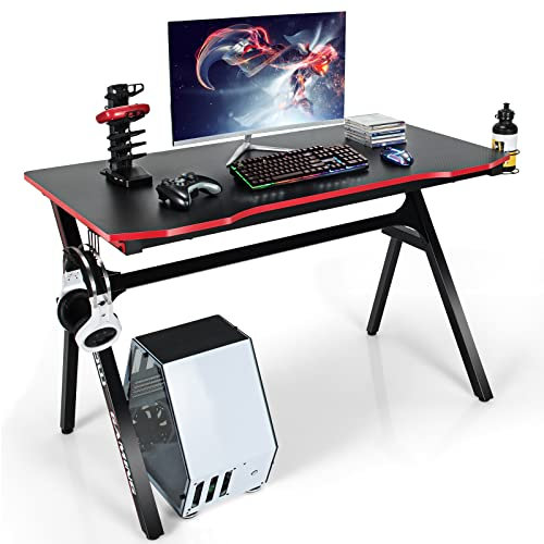 COSTWAY Bureau de Jeu, Gaming Bureau Ergonomique avec Cadre en Forme de K, Porte-Gobelet et Crochet pour Casque, 120 x 60 x 76 CM, Noir et Rouge