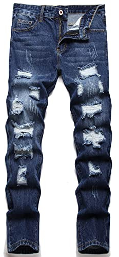 AITITIA Men's Ripped Regular Fit Jeans, 351 Indigo Blue, 32