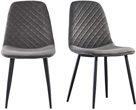 JYMTOM 2er-Set Samt Esszimmerstühle Wohnzimmerstuhl mit Rückenlehne Sessel Scandinavian Vintage Gitter-Design Esstischstuhl aus Samt mit Metallbeine (2, grau)