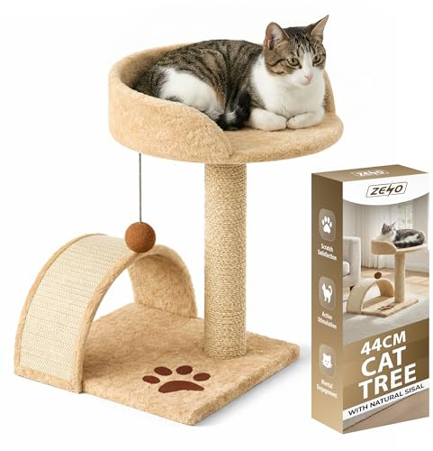ZENO Cat Tree 44CM | Cat Scratch Post | Scratching Posts for Indoor Cats | Stable Climbing Tower With Scratching Bridge, Cosy Bed & Post for Playing | Beige