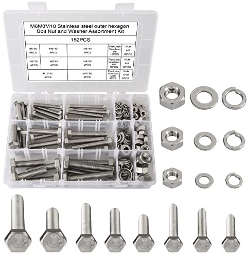 CYLBAQ 152PCS M6 M8 M10 Nuts and Bolts Set, 304 Stainless Steel Hex Head Nuts and Bolts Assortment Kit, Assorted Screws Bolts Nuts and Washers Kit Hexagon Machine Screws