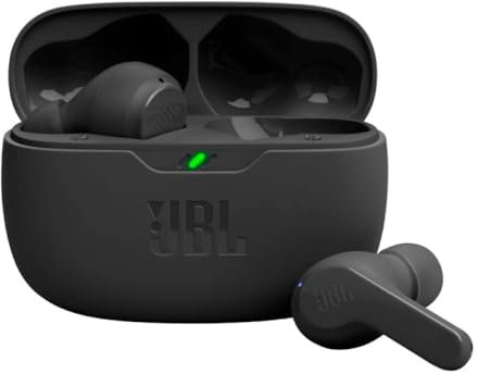 JBL Vibe Beam Écouteurs sans fil avec son JBL à basses profondes, Bluetooth 5.2, résistants à l'eau et à la poussière, appel mains libres avec VoiceAware, jusqu'à 32 heures d'autonomie, noir