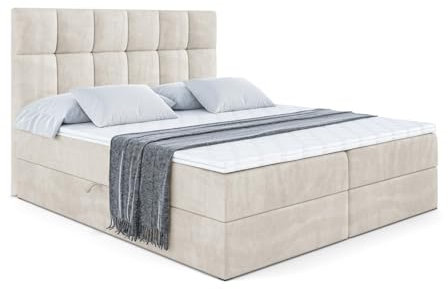 ALTDECOR Boxspringbett mit Matratze und Lattenrost, Boxbett, Topper, Polsterbett mit Bettkasten, Bett mit Stauraum H3-Matratze, Doppelbett, Springboxbett - RICAR - 120x200 Beige Samt