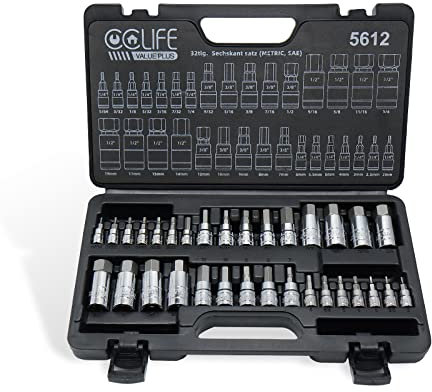 CCLIFE Sechskant satz,32 teiliges Metric and SAE Bit Sockets 1/4''| 3/8''| 1/2 fur Drehmomentschlüssel und Bohrer, S2 Legierungsstahl