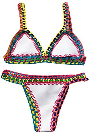 Damen Gestrickte Muschel Dreieck Bralette Häkeln Dreieck Bikini Oberteil und Unterteil Niedrige Taille Badeanzug Bademode Übergröße Bademode für Frauen, weiß, L