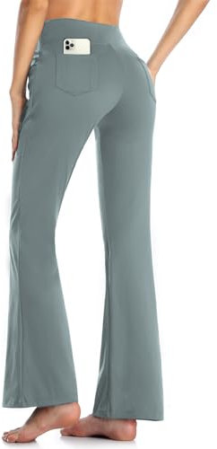 MOVE BEYOND Damen Yogahose Sporthose Bootcut Butterweiche Jogginghose Schlaghose Hohe Taille mit Taschen, Hellgrau, L