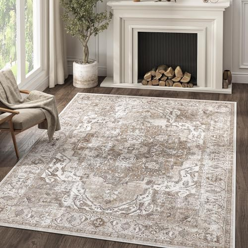 TOPICK Area Teppich 180x270cm Braun Wohnzimmerteppich Vintage Multi Blumendruck rutschfest Dünner Waschbar Teppich Bodenbelag Faltbar für Innenbereich Büro Schlafzimmer Küche