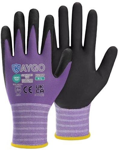 KAYGO Safety Work Gloves MicroFoam Nitrile Coated 12 Pairs, KG18NP | 15G Seamless Knit Nylon Liner, Breathable, High Dexterity, Non-Slip Grip in Oily for Warehouse, Automotive, DIY (Purple, L)