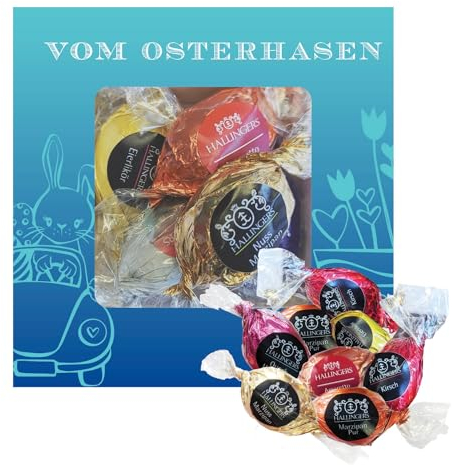 Hallingers Vom Osterhasen - Ostergeschenke für Osterkörbchen zu Ostern, Pralinen Ostereier handmade teils mit Alkohol (Box) - Geschenk im Sommer & als perfektes Grillgeschenk | Glückwunsch Glückwünsch