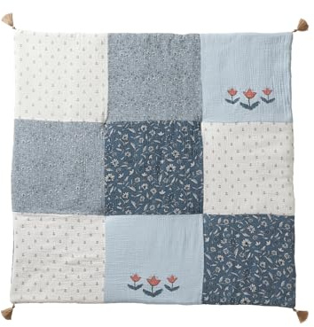 Vertbaudet Baby Patchwork-Spieldecke/Laufstalleinlage Indien Blume, Quasten blau Bedruckt 75X100