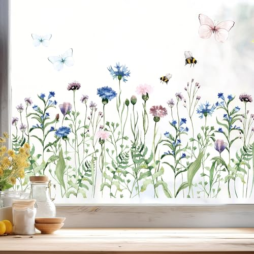 Wandtattoo Loft Fensterbilder Frühling mit Kornblumenwiese& Hummeln – A4 Bogen, Wiederverwendbar – Frühlingsdeko Fenster, Frühlingsbild Fenster, Fensterdeko Frühling, Fensterfolie Frühling