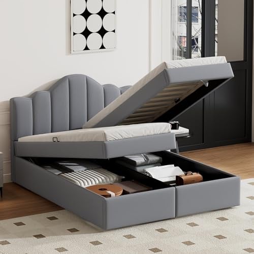 Skcess 140X200Cm Flachbett Mit Weichem Kopfteil, Anhebbares Bett, Großer Stauraum Unter Dem Bett,Grau
