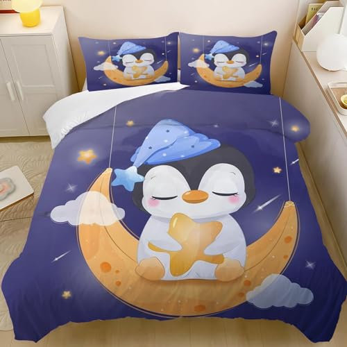 CYSYLQW Pinguin Bettwäsche 135x200 Kinderbettwäsche Pinguin für Jungen Mädchen Biber Bettwäsche Set mit 3D Drucken Pinguin Bettbezug Und Kissenbezug (135 x 200 cm,2)