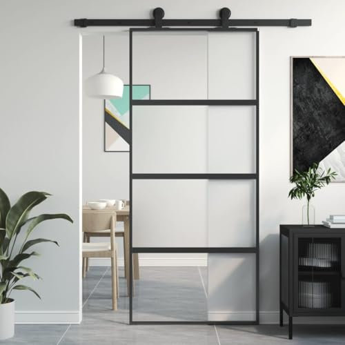 Brokky Sliding Door Black 90x205 cm Tempered Glass and Aluminium,Aluminum Frame Barn Door Panel,Modern Interior Door Kit for Office Kitchen Living Room Shower Door room Dividers