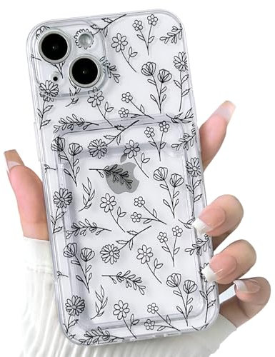 NITITOP Compatible with iPhone 15 Plus Case Clear with Card Holder Cute Flower Floral Leave Pattern for Women Girl Soft TPU Shock-absorbing Wallet Case Protective Phone Cover - Black