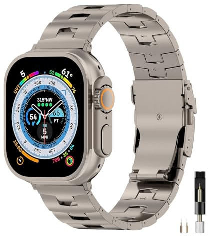 Miimall Edelstahl Band für Apple Watch Ultra 2 Armband, Sturdy Lightweight Titanium Metall Armbänder für Apple Watch Armband 49mm/46mm/45mm/44mm/42mm für iWatch Ultra2/Ultra/Series 10-1/SE2/SE,Titan