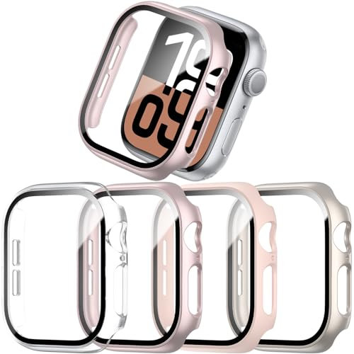 JZK 4-Stück Schutzhülle für Apple Watch Series 10 46mm, Hart PC Ultradünne Gehäuse Hülle Eingebaut Kratzfest Gehärtetes Glas Schutzfolie für iWatch 10 46mm