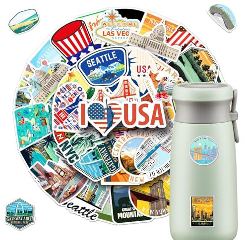 USA Sticker 2 X 50 Stück, Amerika Urlaub Reise Aufkleber, Wasserdichte Amerika Reise Aufkleber, Gouache Stil, USA Themen für Koffer Laptop Fahrrad Scrapbook Motorrad Skateboard Helm Auto