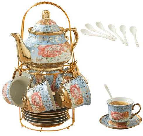 20 Stück Keramik Teeservice Serving 6 Personen, Europäisches Porzellan Teeservice mit Metallständer,160ml Keramik Teetasse, 700ml Teekanne, Vintage Teaset für Hochzeit, Party, Nachmittagstee, Kaffee