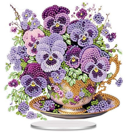 AIBOERL Pansies Tabletop Diamond Art Kits,Stand Up Diamond Painting Kits for Adults,DIY Desktop Diamond Painting Diamond Art Ornamental Sunshine Catcher Craft Desk for Table Tabletop Decor and Gift