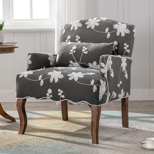 Ya-Home Vintage Polstersessel mit Armlehne, mit Blumenmuster & Kissen, Grau | Gepolsterter Loungesessel mit Holzbeinen, Einzelsofa Akzentstuhl Cocktailsessel für Wohnzimmer Schlafzimmer & Leseecke