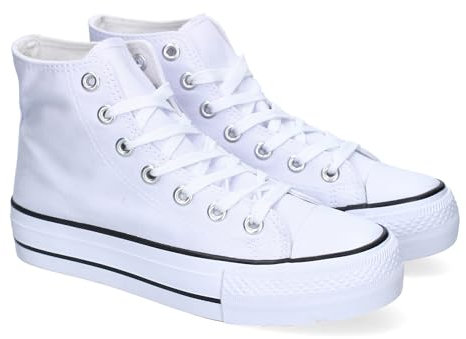 92144 Zapatilla Abotinada de Mujer, Comoda, con Material de Lona, Estilo Bamba Casual, y Cierre de Cordones Blanco Talla 39