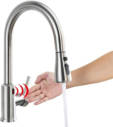 Kitchen Sink Tap touchless Sensor with Pull Out Sprayer, Kitchen Mixer Tap Automatic Sensor, 360° Swivel KitchenTap with 3 Function Sprayer, Stainless Steel