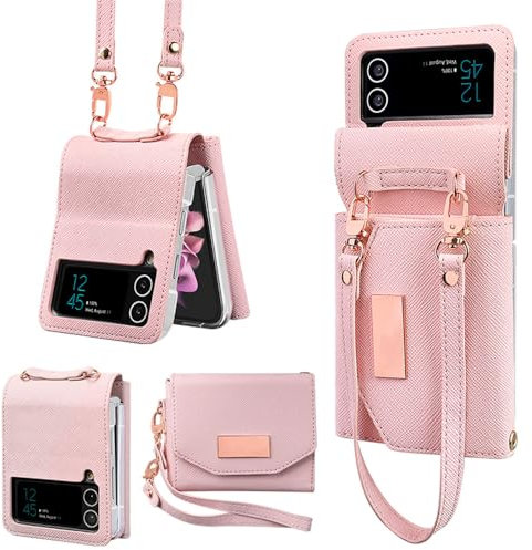 YLTPHD Custodia a portafoglio con tasca per carte di credito per Samsung Galaxy Z Flip 5 3 4 5G Flip5 Flip4/3 con cinturino da polso, protezione in pelle, rosa, per Samsung Z Flip 4