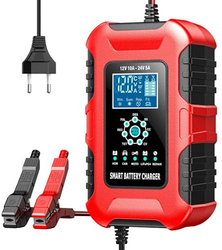 10-Amp 7-Stage Car Battery Charger for Wet/GEL/SLA/LiFePO4/Lead-Acid/AGM Batteries, 12V/ 24V Smart Battery Charger/Maintainer, for ATVs/Golf Cart/Motorcycle/Automobile/Marine etc Quick Charger