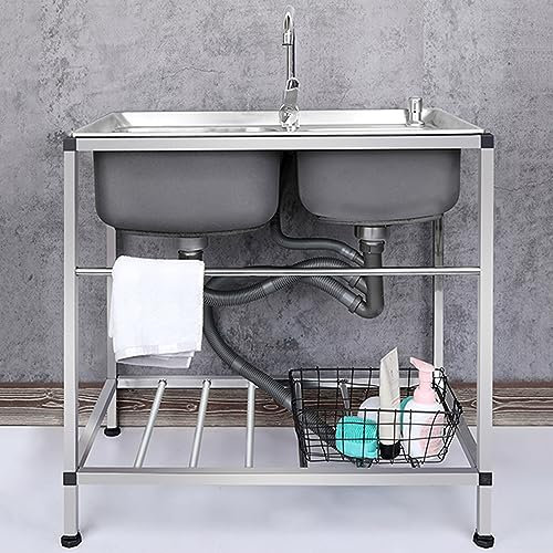 Meuble d'évier d'extérieur en acier inoxydable avec robinet - Station de lavage mobile à double lavabo pour camping, cuisine, jardin, protection contre les débordements, design durable pour une