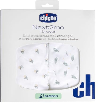 Chicco Bambusfaser-Bettwäsche-Set, 1 Oberlaken und 1 Leintücher mit Ecken, kompatibel mit Matratzen 58x110 cm, kompatibel mit Next2Me Forever Wiege, Fantasie mit Blättern und Schnecken