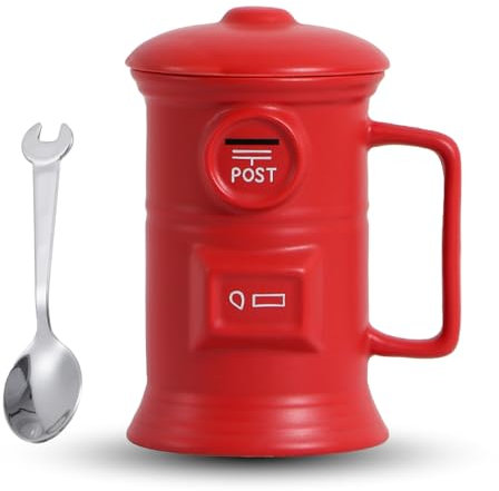 VELCUMA Taza de Buzón Rojo – Taza de Cerámica 3D con Tapa – 500ml – Regalo Divertido para Familia y Amigos